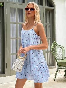 MainGRL 2026春夏新款格子可爱樱桃印花休闲度假无袖迷你连衣裙，适合野餐、度假、音乐节、春季郊游、日常休闲穿着 - 粉色 - 查看 5