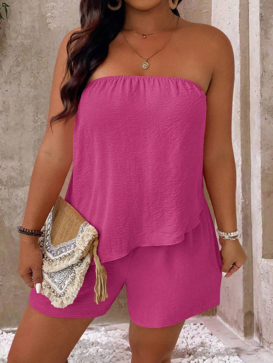 Breezaya Bộ đồ 2 mảnh dành cho nữ cỡ lớn: áo quây bất đối xứng và quần short, thích hợp cho kỳ nghỉ biển hoặc du lịch. - Màu Hồng Tươi - Xem 1