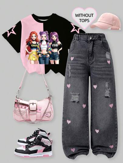 SHEIN ChillGRL Tween Girls 2025秋冬新款时尚阔腿牛仔裤。可爱心形刺绣宽松牛仔裤