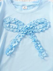 Cute Tween Girls Baby Blue Polyester T-Shirt Ruffle Graphic Bow Regular Length Short Sleeve Round Neck Regular Fit - Baby Blue - View 7