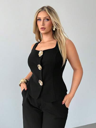 Auralis 新款夏季黑色收腰A字方领无袖马甲式西装外套，饰以玫瑰金金属纽扣，优雅适合工作、办公室穿着，美人鱼款式上衣/大码西装外套