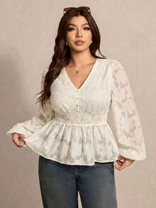 Elaquor Blusa feminina plus size com mangas bufantes franzidas, cintura franzida e barra com babados. - Damasco - Ver 3