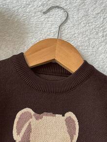 SHEIN Playful Pals Baby Boy Bear Pattern Crew Neck Sweater,All Shades Of Brown Autumn Funny Graphic Matching Family Unisex Knitted Set Neutral Solid Color Clothes Cute - Brown - View 4