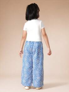 SUMWON Girls Short Sleeve White T-Shirt And Wide Leg Blue Floral Print Palazzo Pants Two Piece Summer Co-Ord Set - Blue - View 2