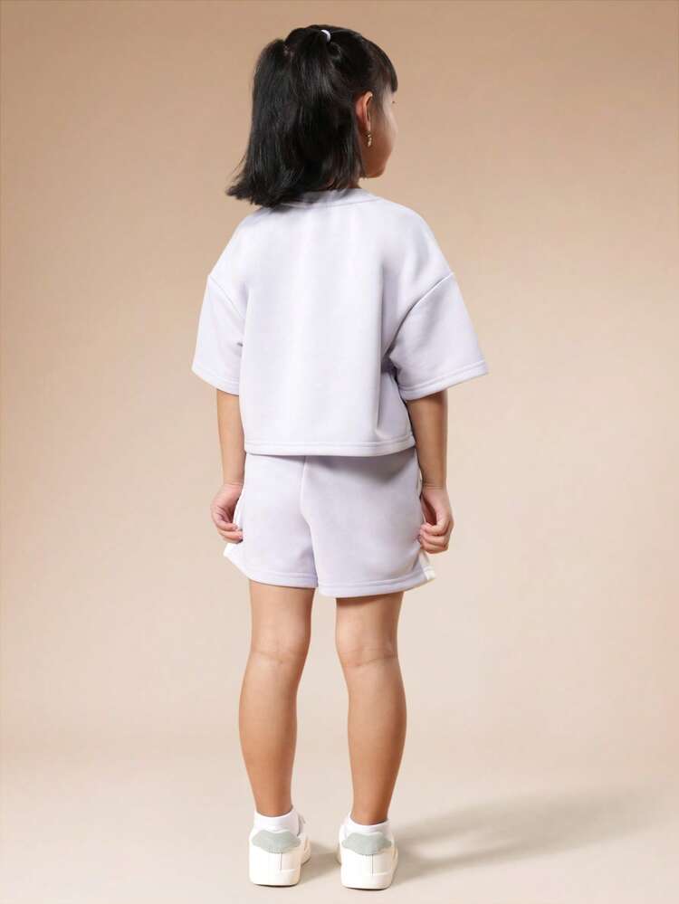 Girls Lilac Crew Neck Short Sleeve T-Shirt And Shorts Co-Ord Set With Text Print Side Panel Details Summer Casual Outfit