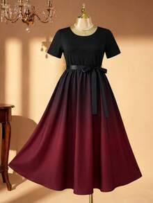 Rometta Plus Size Women Elegant Gradient Floral Print Round Neck Long Sleeve Casual Dress, Versatile For Work, Commute And Party, Spring/Summer/Autumn - Black - View 4