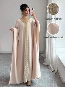 Elenzga Middle Eastern Style Embroidered V-Neck Loose Batwing Sleeve Maxi Dress - Apricot - View 1
