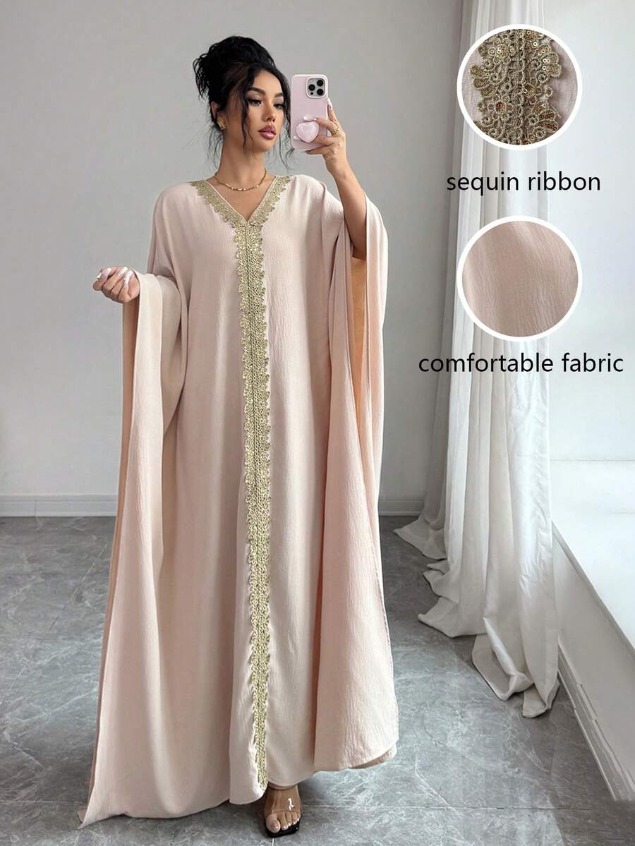 Elenzga Middle Eastern Style Embroidered V-Neck Loose Batwing Sleeve Maxi Dress - Apricot - View 1