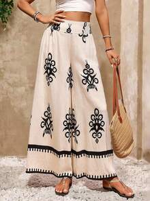 Balvessa Women's Floral Print Wide Leg Loose Pants - Khaki - View 5