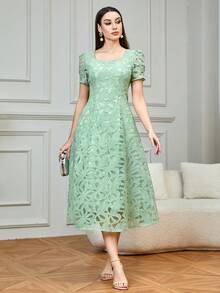 Modelyn 女士法式蕾丝优雅收腰长裙 - 綠色 - 查看 1