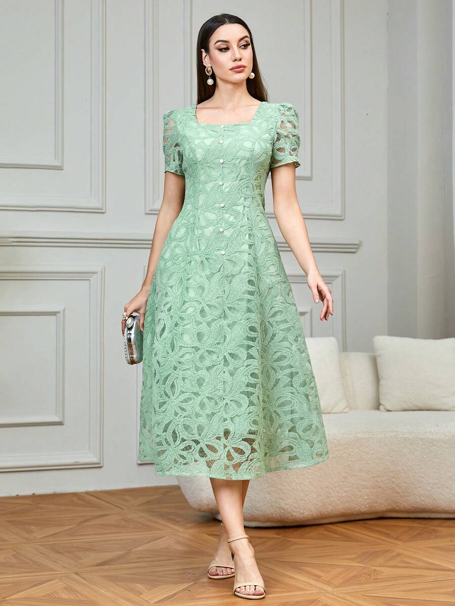 Modelyn 女士法式蕾丝优雅收腰长裙 - 綠色 - 查看 1