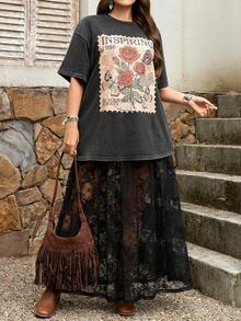 SHEIN LUNE 两件套加大码套装：复古印花T恤和蕾丝中长裙 - 彩色 - 查看 4