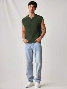 SWAVVY Men's Solid Color Sleeveless Knit Top, Polo Shirt For Summer,Vacation - Olive Green - View 3
