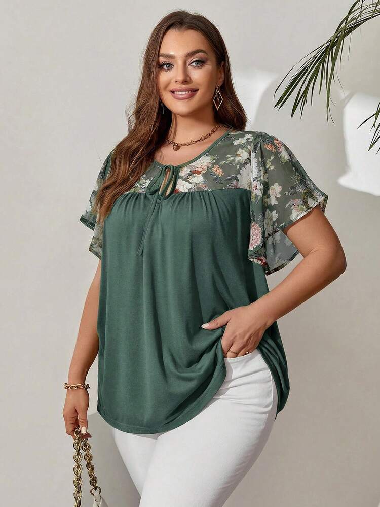 Plus Size Women'S Floral Print Tie-Down Black Top For Spring, Summer Tops