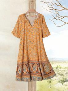 EMERY ROSE 大码女式夏季休闲碎花短袖连衣裙，适合乡村度假 - 黃色 - 查看 1