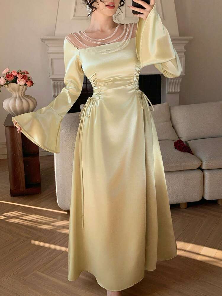 Women's Solid Color Lace-Up Waist Long Sleeve Dress Sundress