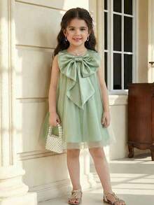 Elegant & Cute Green Mesh Bow Decor Dress For Baby Girl - Multicolor - View 2