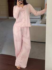 DAZY Letter Print Lace Trim Patchwork Women Pajama Set - Pink - View 4