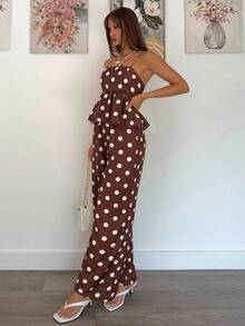 Siren Gaze 女士夏季休闲波点印花吊带背心和裤子两件套 - 棕色 - 查看 4