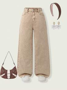 SHEIN Tween Girl Y2K Street Daily Elastic Waist Straight Jeans With Flat Pockets, Daily OOTD Baggy Jeans Khaki Jeans Wide Leg Jeans - Khaki - View 5