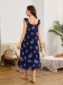 SHEIN Đầm ngủ nữ màu xanh hải quân viền bèo nhún họa tiết Paisley, chất liệu vải dệt mềm mại và thoải mái, thích hợp cho thời gian rảnh rỗi và kỳ nghỉ. - Màu xanh hải quân - Xem 2