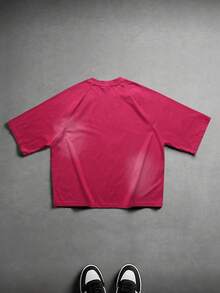 ROMWE MEN 男士圆领字母数字印花休闲百搭日常短袖T恤 - 洋紅色 - 查看 2