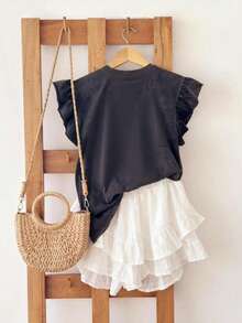 Resyla Leopard Print & Butterfly Pattern 100% Cotton Women's Round Neck T-Shirt With Ruffle Cuffs, Gift For Friends - Black - View 2