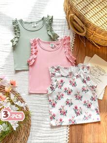 SHEIN Vintaside Kids 3件套女童夏季休闲可爱甜美舒适弹力上衣，包括纯粉色、杏色和条纹荷叶边袖背心，适合居家、度假和日常穿着。 - 彩色 - 查看 3