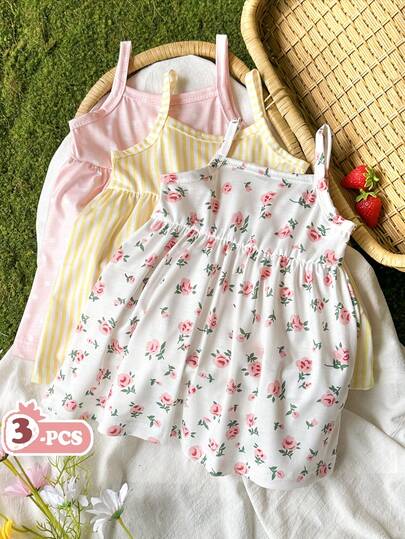 SHEIN Vintaside Kids 3pcs/Set Baby Girls' Summer New 2025 Sleeveless Floral Print Dress + Solid Color Dress, Pastoral Style, Fashion Cute Dresses