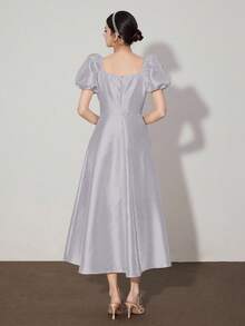 Modelyn 女士优雅花卉刺绣泡泡袖中长连衣裙，夏季 - 灰色 - 查看 2