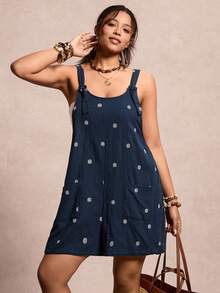 Freevana 100% Cotton Plus Size Women's Daisy Embroidery Inspired Double Pocket Casual Romper - Navy Blue - View 3