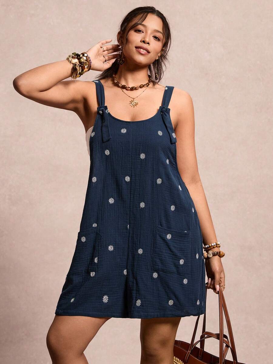 Freevana 100% Cotton Plus Size Women's Daisy Embroidery Inspired Double Pocket Casual Romper - Navy Blue - View 1