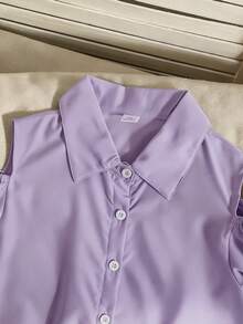 SHEIN Tween Girls' Summer Casual Solid Color Floral 3D Decor Off-Shoulder Blouse - Purple - View 3