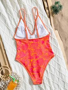 Swim Mod Traje de baño de una pieza con tirantes de espagueti ajustables y estampado, con espalda descubierta y corte alto, adecuado para vacaciones - Rosa Fucsia - Ver 6