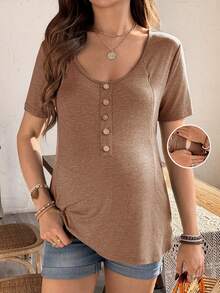SHEIN U-Neck Short Sleeve Casual Comfortable Breathable Versatile Summer Top - Brown - View 1