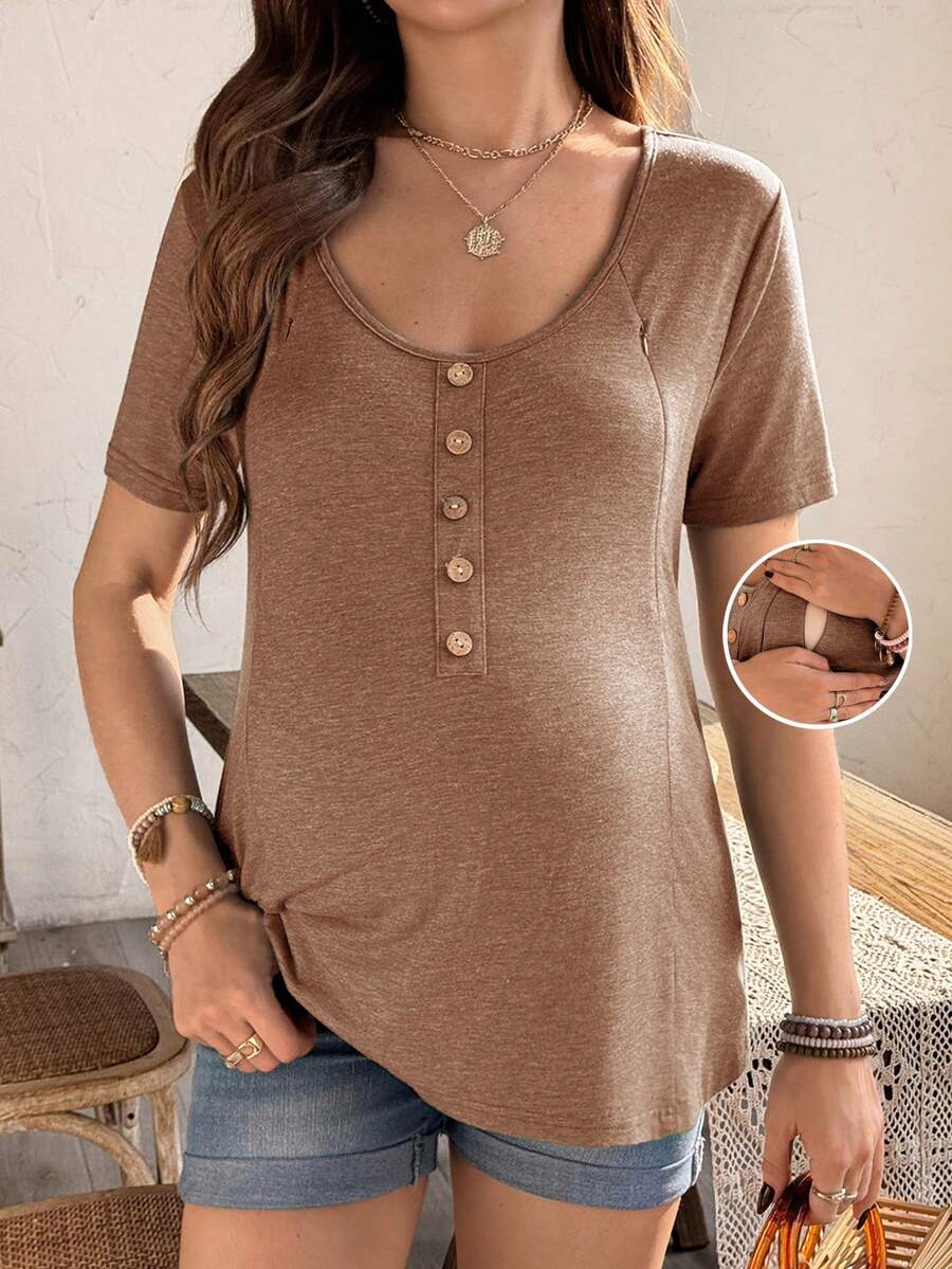 SHEIN U-Neck Short Sleeve Casual Comfortable Breathable Versatile Summer Top - Brown - View 1