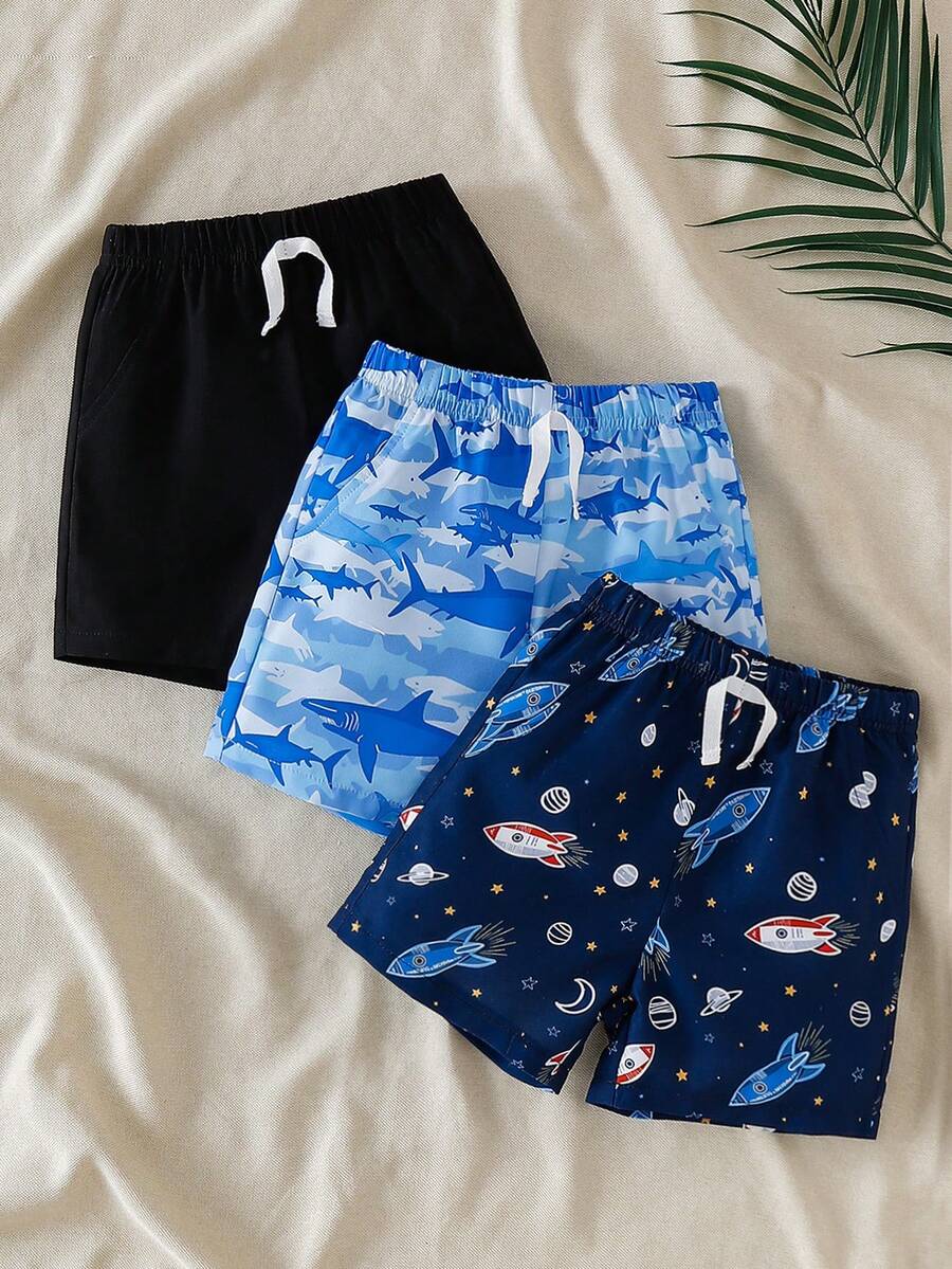 SHEIN Playful Pals Pantalones cortos casuales estampados para niños pequeños, adecuados para viajes y uso diario - Multicolor - Ver 1