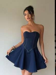 Siren Gaze 女士夏季时尚束腰无肩带牛仔连衣裙 - 深色水洗藍 - 查看 4