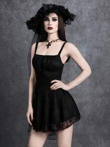 Glisette 女士时尚黑色蕾丝前系带吊带连衣裙 - 黑色 - 查看 5