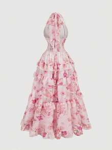 SHEIN MOD Đầm xếp tầng cổ yếm in hoa, màu hồng. - Hồng - Xem 6