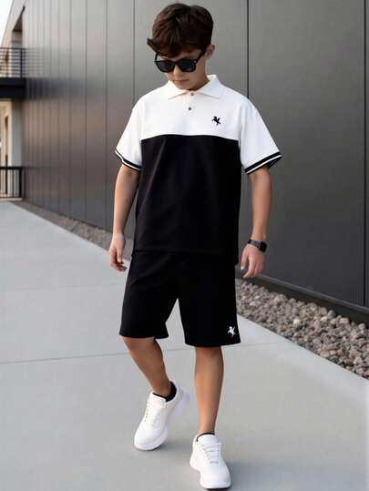 Vacaura 2pcs/Set Teenager's Polo Shirt With Contrast Color Design Short Sleeve Top And Shorts, Casual Gentleman Sports Outfit For Daily Wear