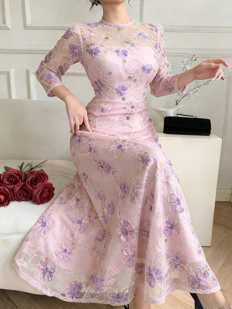 Spring/Summer Elegant Lace Trim Long Sleeve Midi Dress, Suitable For Wedding, Party, Formal Occasions Sundress Floral Dresses For Women