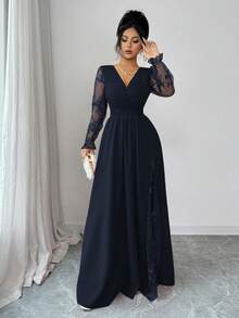 Elenzga 女士优雅深V领蕾丝拼接长袖高开衩连衣裙，适合毕业典礼、节日、情人节、音乐节、母亲节、感恩节、复活节、国庆节、舞会、约会、派对、婚礼、户外活动、春夏等场合。 - 藏蓝色 - 查看 7