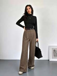 SHEIN Tall 教师装女装灰色褶裥优雅长裤带口袋，秋冬灰色高腰阔腿裤宽松大码裤商务职业女装宽松阔腿裤秋季女装冬季女装外出下装 - 棕色 - 查看 6