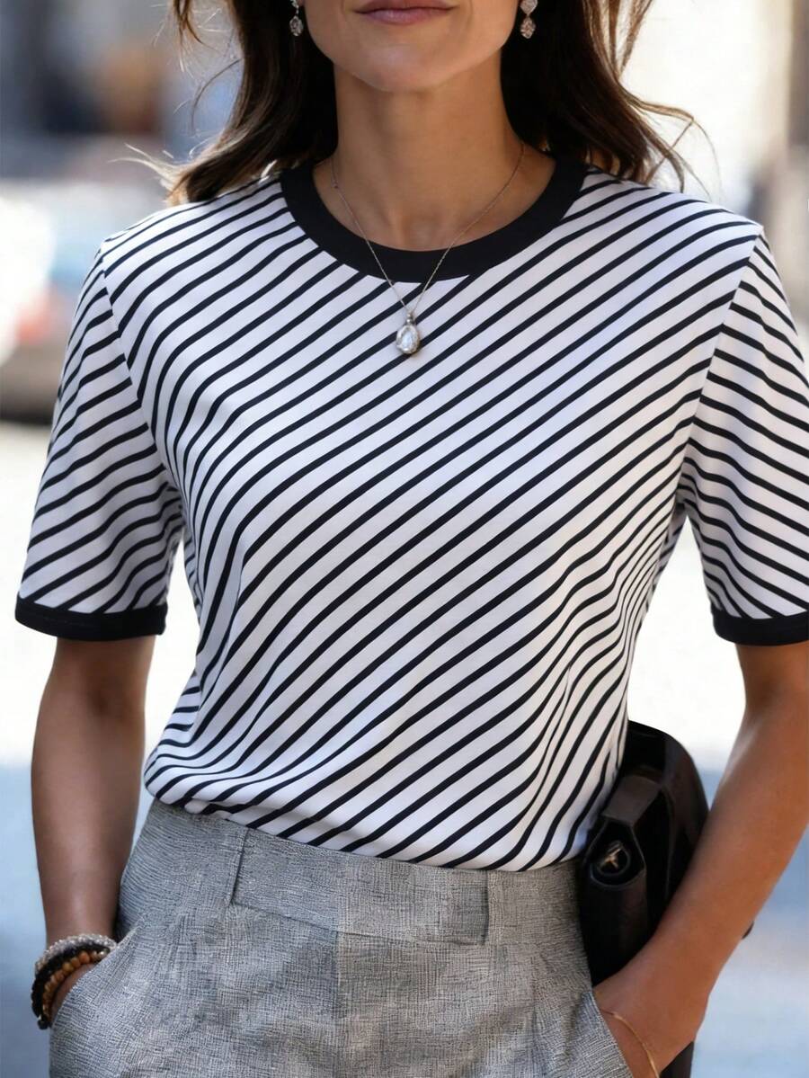SHEIN Raffinéa 女士休闲时尚宽松圆领条纹T恤，简约百搭设计，春夏款