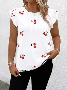 Breezaya Plus Size Cherry Print Textured Fabric Ruffle Asymmetrical Hem Short Cap Sleeve Round Neck Casual Shirt - White - View 4