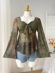 Comfortcana 大码女式波西米亚复古印花喇叭袖荷叶边下摆衬衫，春夏款 - 彩色 - 查看 6