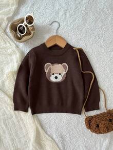 SHEIN Playful Pals Baby Boy Bear Pattern Crew Neck Sweater,All Shades Of Brown Autumn Funny Graphic Matching Family Unisex Knitted Set Neutral Solid Color Clothes Cute - Brown - View 5
