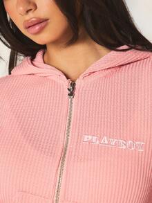 Missguided x Playboy 华夫格针织全拉链短款连帽衫，罗纹长袖，带中央口袋，休闲街头风。 - 粉色 - 查看 3