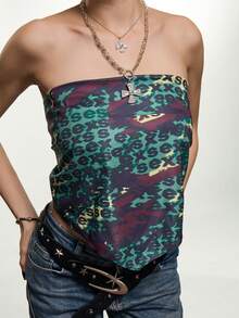 Rina Fox Women's New Sexy Bombshell Print Bandeau Top, American Casual Street Print Versatile Scarf Top, Suitable For Shopping, Parties, Music Festivals, And Vacation Wear - Green - View 8